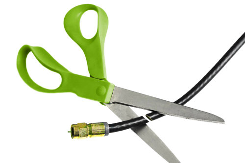 Scissors cutting the coax cable